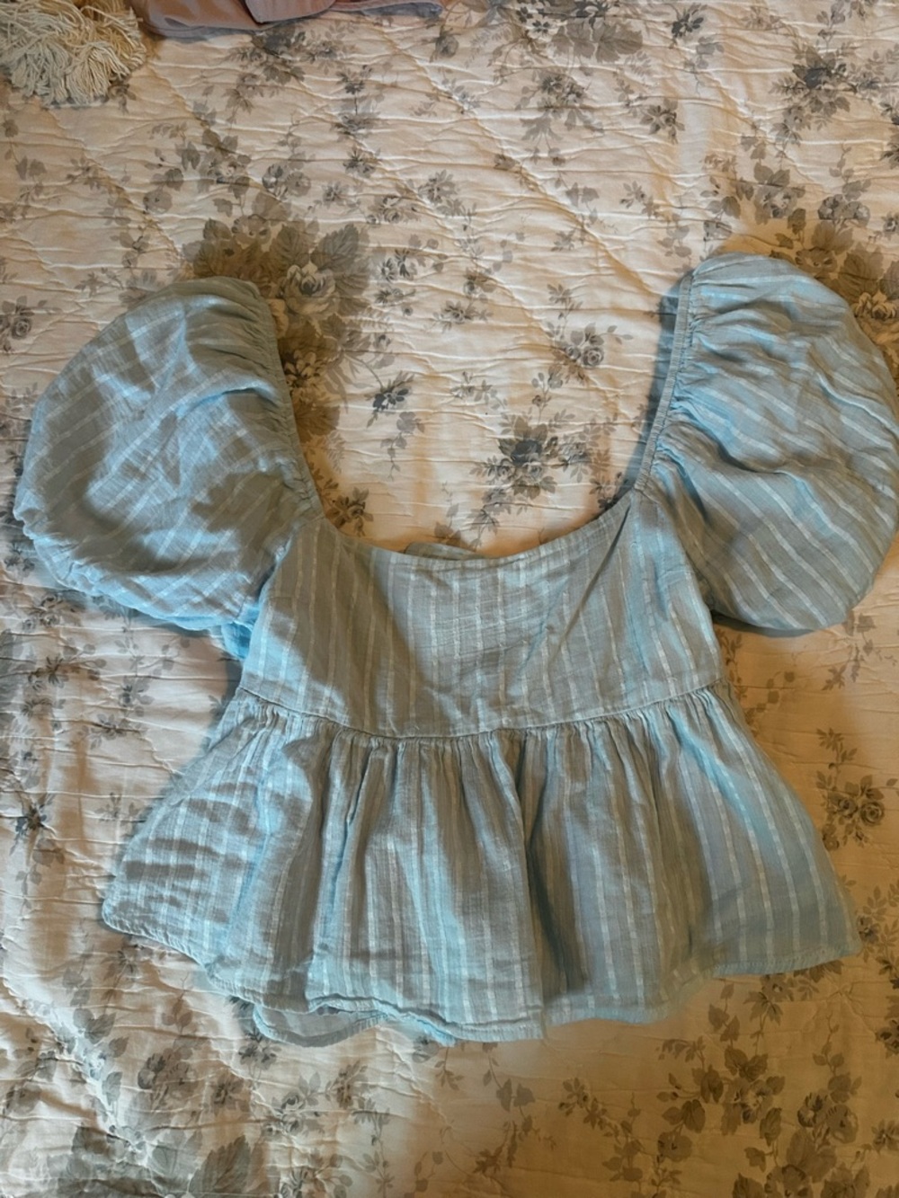 miami Light Blue Puff Sleeve Peplum Blouse